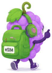 Grapey with a backpack, ready to travel